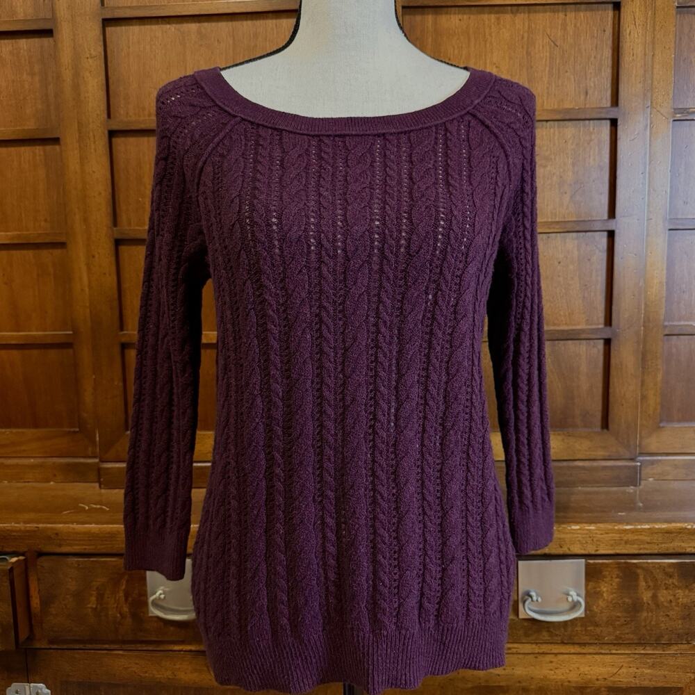 American Eagle Outfitters Sweater Cable Open Knit Boat Neck 3/4 Sleeve Plum S